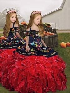 Cheap Floor Length Red Kids Formal Wear Organza Sleeveless Embroidery and Ruffles