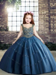 Stunning Floor Length Blue Little Girls Pageant Dress Wholesale Tulle Sleeveless Beading