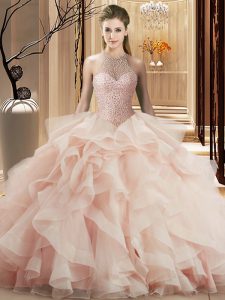 Chic Sleeveless Organza Brush Train Lace Up Sweet 16 Dress in Pink with Beading and Ruffles