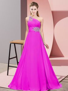 Comfortable Fuchsia Lace Up Prom Dresses Beading and Ruching Sleeveless Floor Length