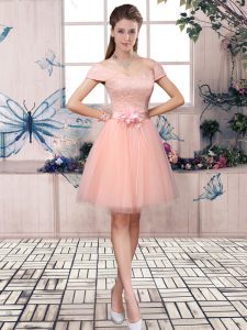 Off The Shoulder Short Sleeves Lace Up Prom Evening Gown Pink Tulle