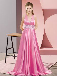 Most Popular Elastic Woven Satin V-neck Sleeveless Brush Train Backless Beading Evening Dress in Rose Pink