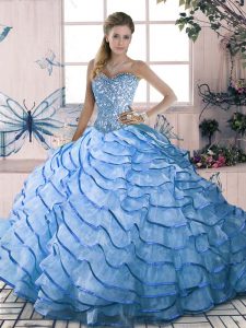 Smart Ball Gowns Sleeveless Blue 15 Quinceanera Dress Brush Train Lace Up