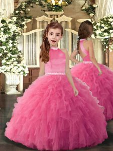 Custom Designed Sleeveless Tulle Floor Length Backless Little Girls Pageant Dress Wholesale in Rose Pink with Beading and Ruffles