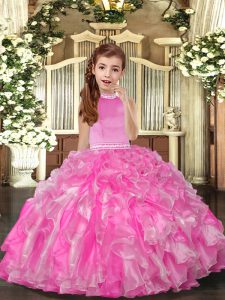 Exquisite Rose Pink Ball Gowns Organza High-neck Sleeveless Beading and Ruffles Floor Length Backless Kids Pageant Dress