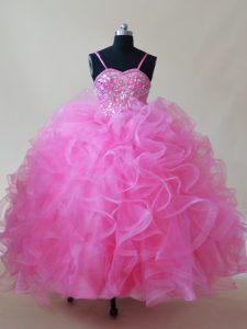 Trendy Rose Pink Ball Gowns Tulle Spaghetti Straps Sleeveless Beading and Ruffles Floor Length Lace Up High School Pageant Dress