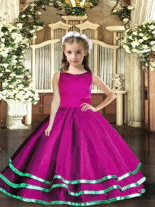 Classical Fuchsia Scoop Lace Up Ruffled Layers Kids Pageant Dress Sleeveless