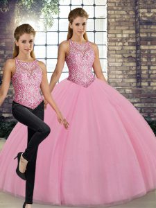 Excellent Floor Length Pink Quinceanera Dresses Tulle Sleeveless Embroidery