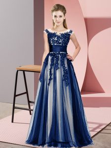 Sleeveless Floor Length Beading and Lace Zipper Damas Dress with Navy Blue