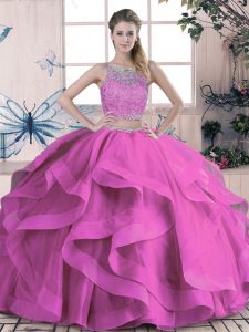 Lilac Lace Up Scoop Beading and Lace and Ruffles Quinceanera Dress Tulle Sleeveless