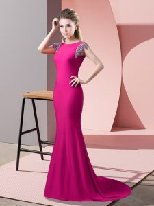 Hot Pink Prom Homecoming Dress High-neck Short Sleeves Brush Train Backless
