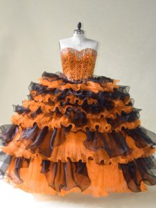 Floor Length Orange Quinceanera Gown Organza Sleeveless Beading