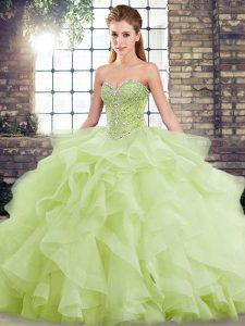 Custom Made Yellow Green Lace Up Sweetheart Beading and Ruffles Quinceanera Gown Tulle Sleeveless Brush Train