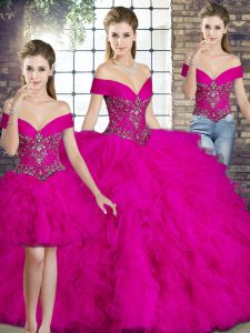 Fuchsia Three Pieces Beading and Ruffles Sweet 16 Quinceanera Dress Lace Up Tulle Sleeveless Floor Length
