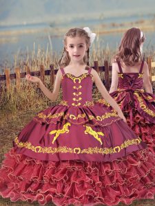 Charming Wine Red Lace Up Girls Pageant Dresses Beading and Embroidery and Ruffled Layers Sleeveless Floor Length