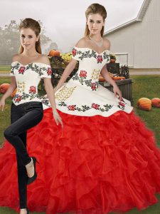 Two Pieces Quinceanera Dress White And Red Off The Shoulder Organza Sleeveless Floor Length Lace Up