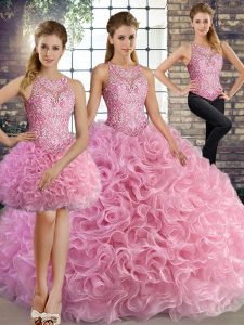 Rose Pink Lace Up 15th Birthday Dress Beading Sleeveless Floor Length