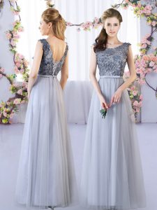 Scoop Sleeveless Tulle Bridesmaids Dress Appliques Lace Up