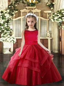 Floor Length Red Kids Pageant Dress Tulle Sleeveless Ruffled Layers