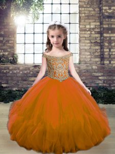 Fancy Brown Ball Gowns Tulle Off The Shoulder Sleeveless Beading Floor Length Lace Up Kids Pageant Dress