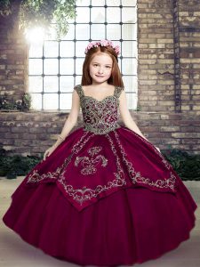 New Arrival Fuchsia Ball Gowns Straps Sleeveless Tulle Floor Length Lace Up Embroidery Little Girls Pageant Gowns