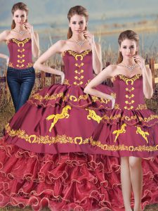 Cute Embroidery and Ruffles Quinceanera Gown Burgundy Lace Up Sleeveless Floor Length Brush Train