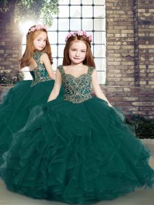 Amazing Peacock Green Tulle Lace Up Straps Sleeveless Floor Length Little Girl Pageant Dress Beading and Ruffles