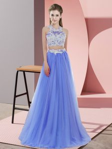 Best Sleeveless Floor Length Lace Zipper Quinceanera Dama Dress with Lavender