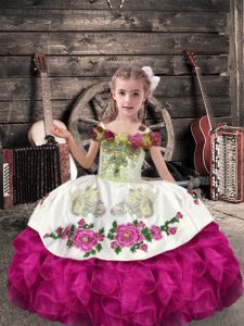 Admirable Off The Shoulder Sleeveless Child Pageant Dress Floor Length Beading and Embroidery and Ruffles Fuchsia Organza