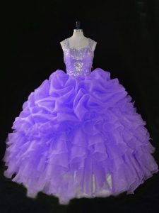Sleeveless Floor Length Beading and Ruffles and Pick Ups Zipper 15 Quinceanera Dress with Lavender