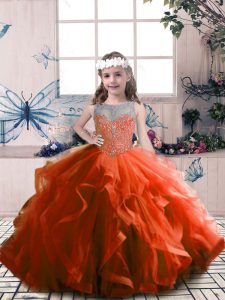 Sleeveless Floor Length Beading Lace Up High School Pageant Dress with Rust Red