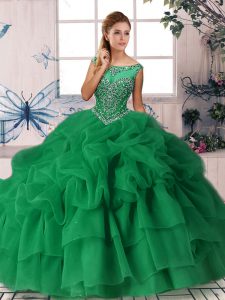 Excellent Green Zipper Quinceanera Gown Beading and Pick Ups Sleeveless Brush Train