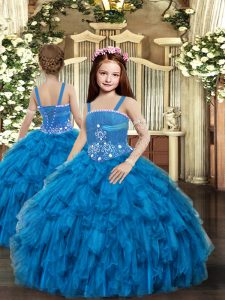 Dramatic Blue Ball Gowns Straps Sleeveless Tulle Floor Length Lace Up Beading Pageant Gowns For Girls