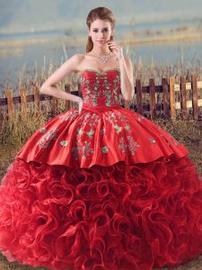 Luxury Fabric With Rolling Flowers Sweetheart Sleeveless Brush Train Lace Up Embroidery and Ruffles Quince Ball Gowns in Coral Red