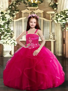 Hot Pink Straps Lace Up Beading and Ruffles Little Girls Pageant Dress Sleeveless