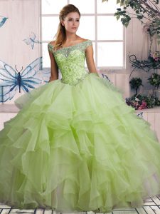 Organza Off The Shoulder Sleeveless Lace Up Beading and Ruffles Quince Ball Gowns in Yellow Green