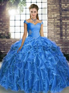 Eye-catching Ball Gowns Sleeveless Blue Sweet 16 Dresses Brush Train Lace Up