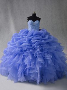 Trendy Blue Sleeveless Floor Length Beading and Ruffles and Pick Ups Lace Up Quince Ball Gowns