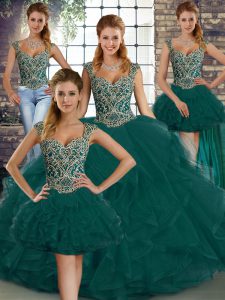 Luxury Straps Sleeveless Sweet 16 Dress Floor Length Beading and Ruffles Peacock Green Tulle
