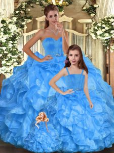 Floor Length Lace Up Ball Gown Prom Dress Baby Blue for Sweet 16 and Quinceanera with Ruffles