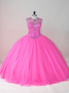 Charming Rose Pink Scoop Neckline Beading 15 Quinceanera Dress Sleeveless Lace Up
