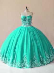 Dynamic Sleeveless Floor Length Embroidery Lace Up 15 Quinceanera Dress with Turquoise