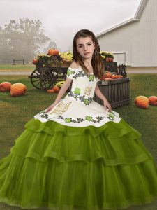 Discount Tulle Straps Sleeveless Lace Up Embroidery and Ruffled Layers Pageant Dress Toddler in Olive Green