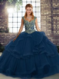 Blue Sweet 16 Dress Military Ball and Sweet 16 and Quinceanera with Beading and Ruffles Straps Sleeveless Lace Up