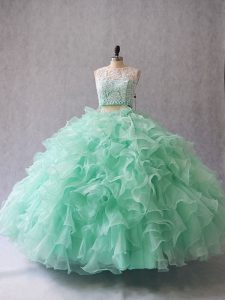 Adorable Sleeveless Floor Length Beading and Lace and Ruffles Zipper 15 Quinceanera Dress with Apple Green