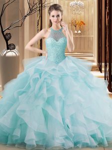 Dramatic Halter Top Sleeveless Organza Vestidos de Quinceanera Embroidery and Ruffles Brush Train Lace Up