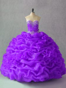 Chic Beading and Pick Ups and Hand Made Flower Sweet 16 Dress Purple Lace Up Sleeveless Floor Length