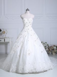 White Ball Gowns Sweetheart Sleeveless Tulle Chapel Train Lace Up Beading and Lace Wedding Dress