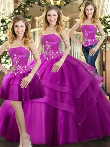 Discount Beading and Ruffled Layers Sweet 16 Dresses Fuchsia Lace Up Sleeveless Floor Length
