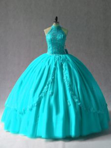 Exceptional Aqua Blue Sleeveless Floor Length Appliques Lace Up 15th Birthday Dress